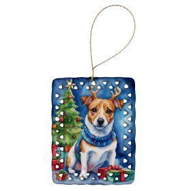 Jack Russell Terrier Christmas Reindeer Porcelain Ornament Christmas Tree Hanging Decorations for Home Christmas Holiday, Rectangle, Gift, Multic